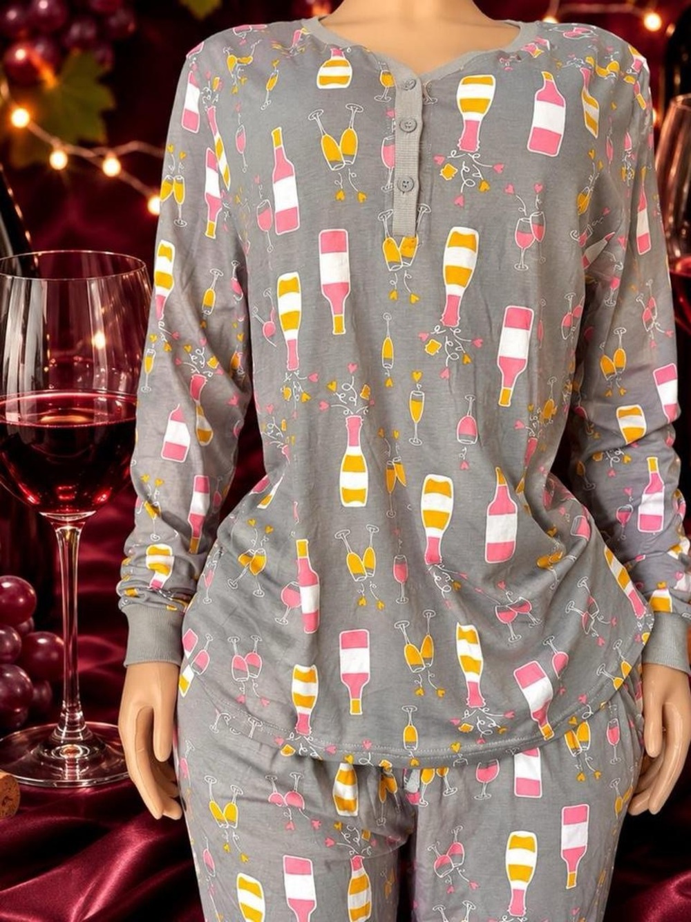 Women’s Gray Champagne Print Pajama Set